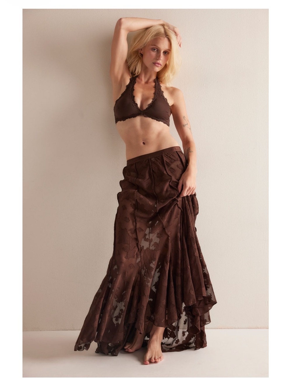 NWOT Free People Maybe Baby Chicory Coffee Brown Sheer Maxi Skirt L - Picture 3 of 3